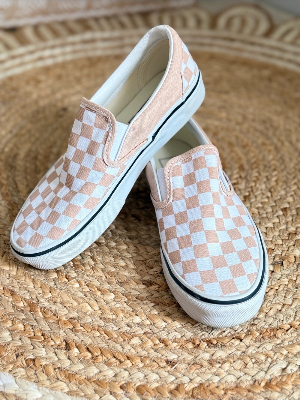 🌾 Vans Classic Slip On Blush and White Checkerboard Sneakers